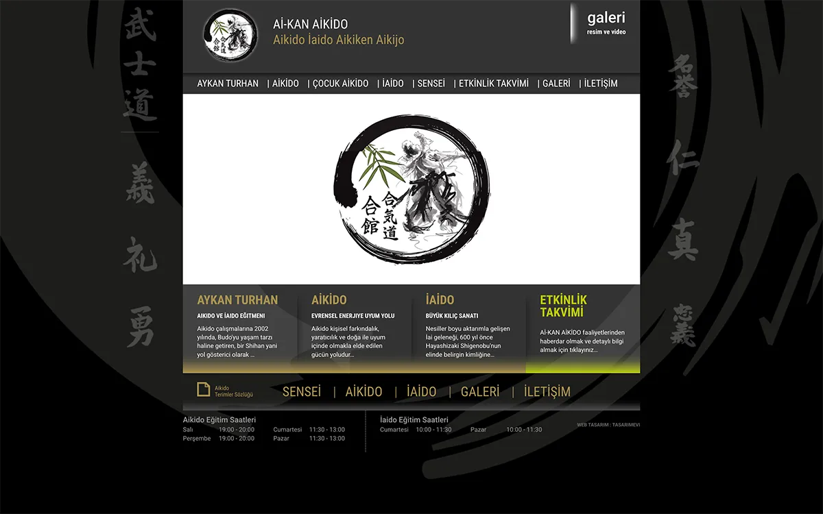 Aikan Aikido okulu için tasarlanan web sitesi arayüzü