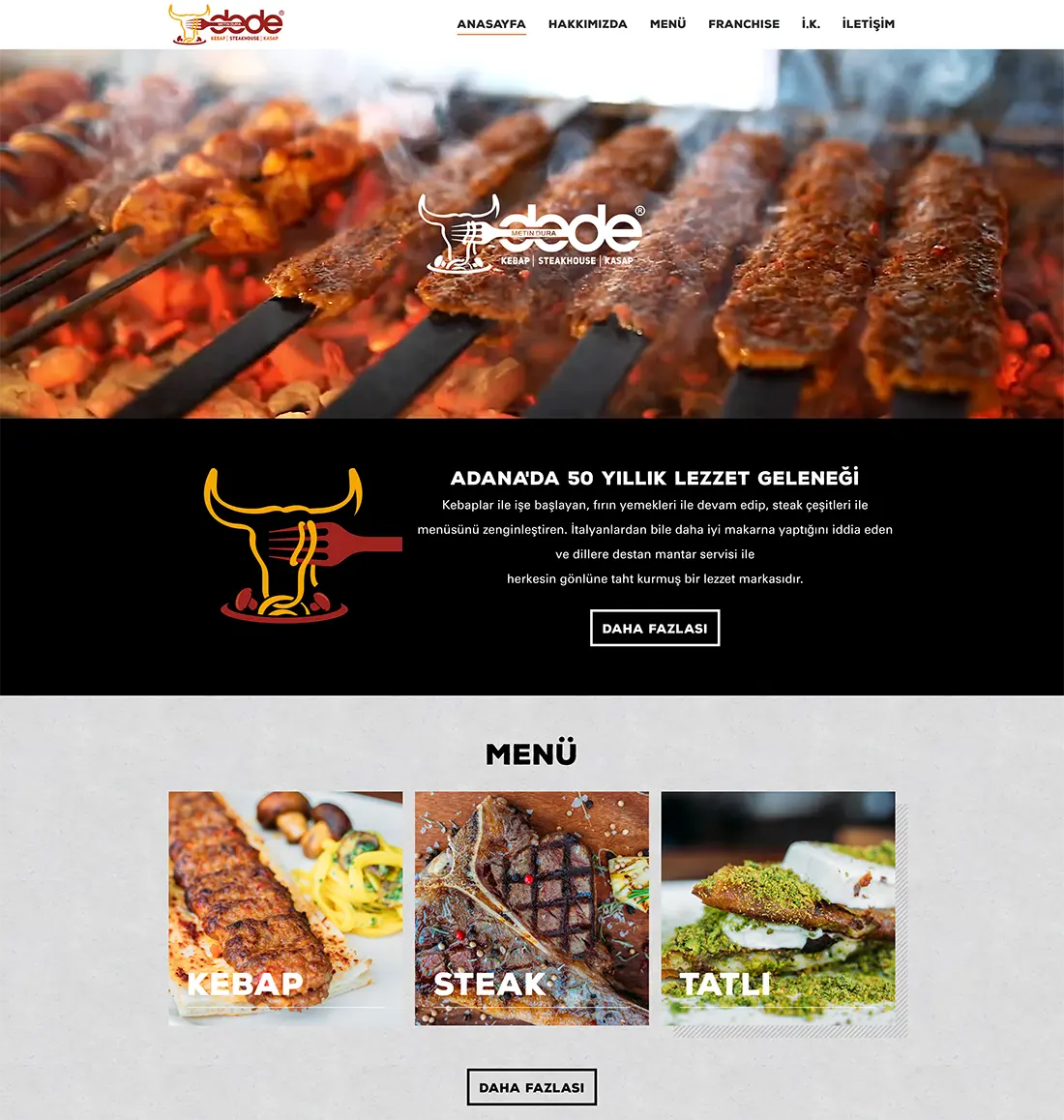 Tasarımevi tarafından Dede Kebap Steakhouse için tasarlanan modern ve kullanıcı dostu web sitesi arayüzü.