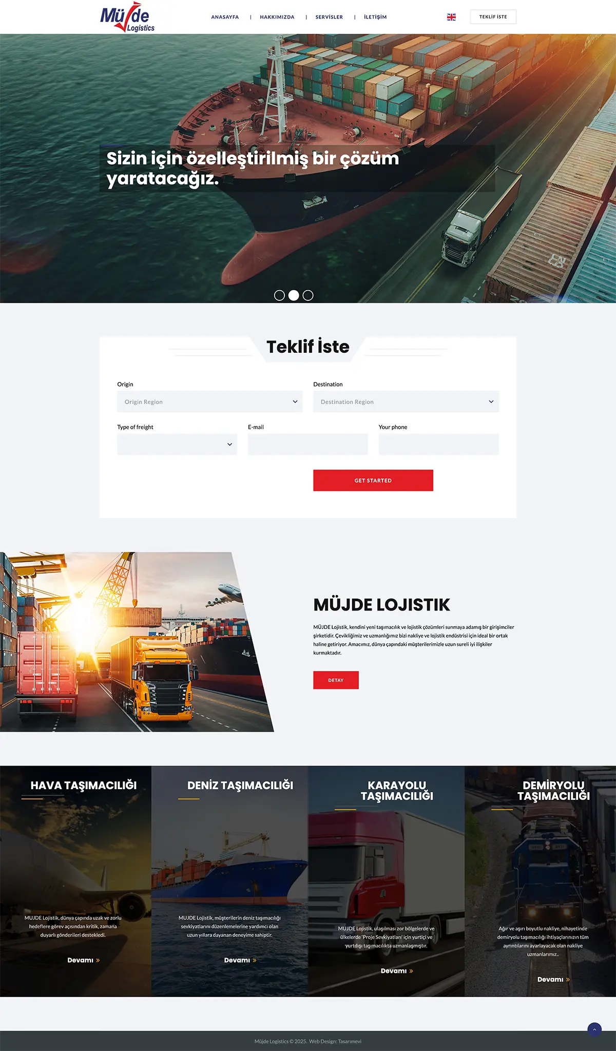 Müjde Lojistik için tasarlanan modern ve iki dilli web sitesinin ekran görüntüsü