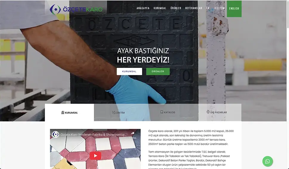 tasarımevi tarafından Özçete Karo için tasarlanan SEO uyumlu ve modern kurumsal web sitesi ana sayfa ekran görüntüsü.
