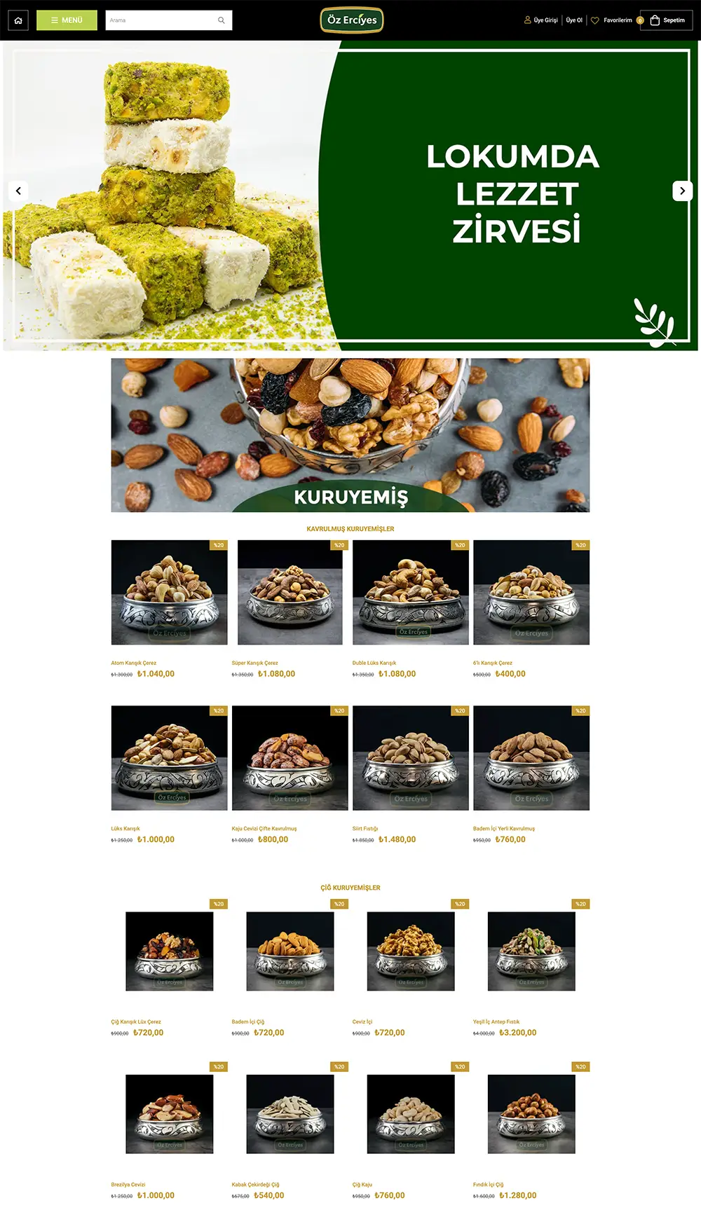 Öz Erciyes Kuruyemiş Ticimax E-Ticaret Sitesi Arayüzü