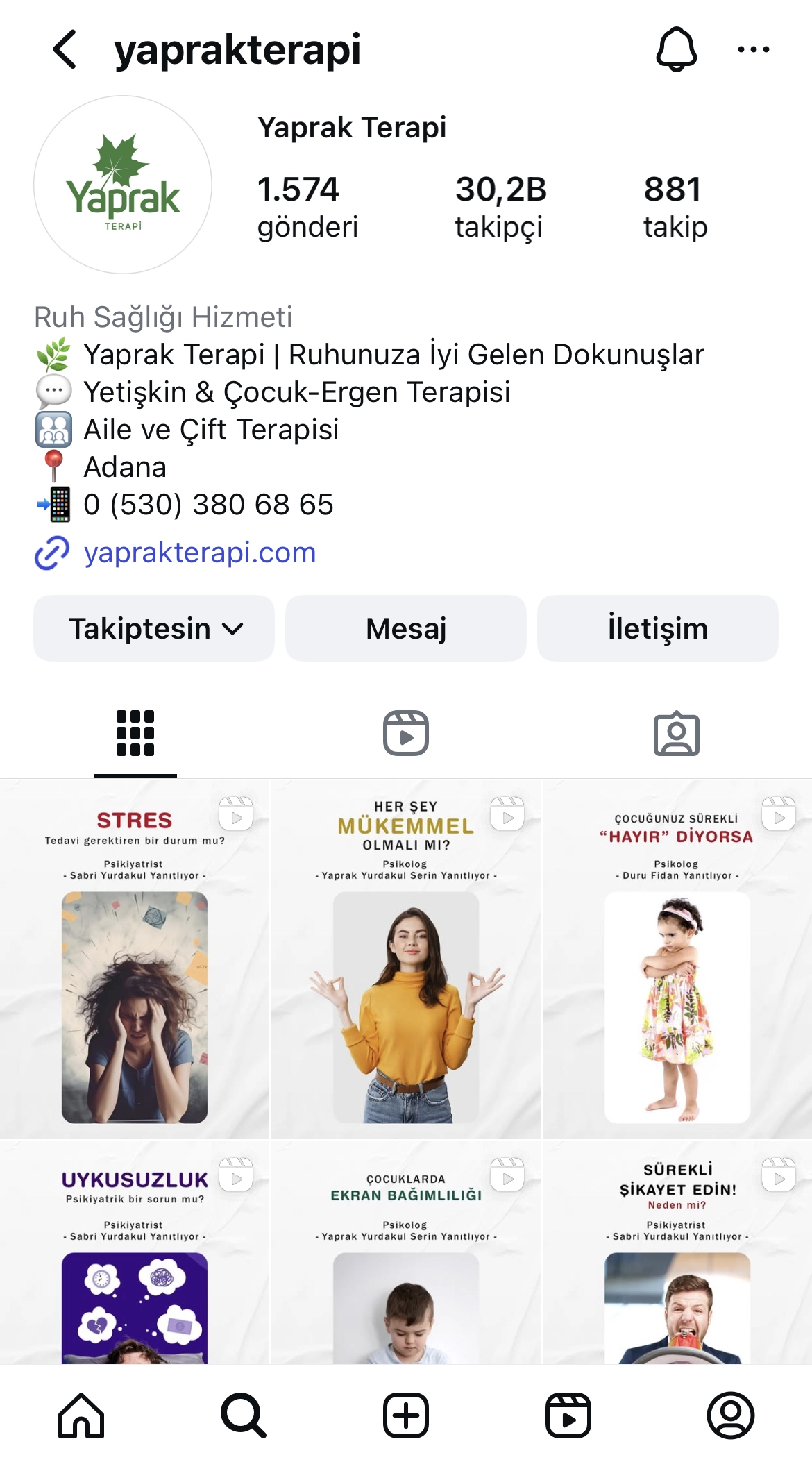 Yaprak Terapi için yönetilen Instagram sayfası – sosyal medya çalışmaları referansı
