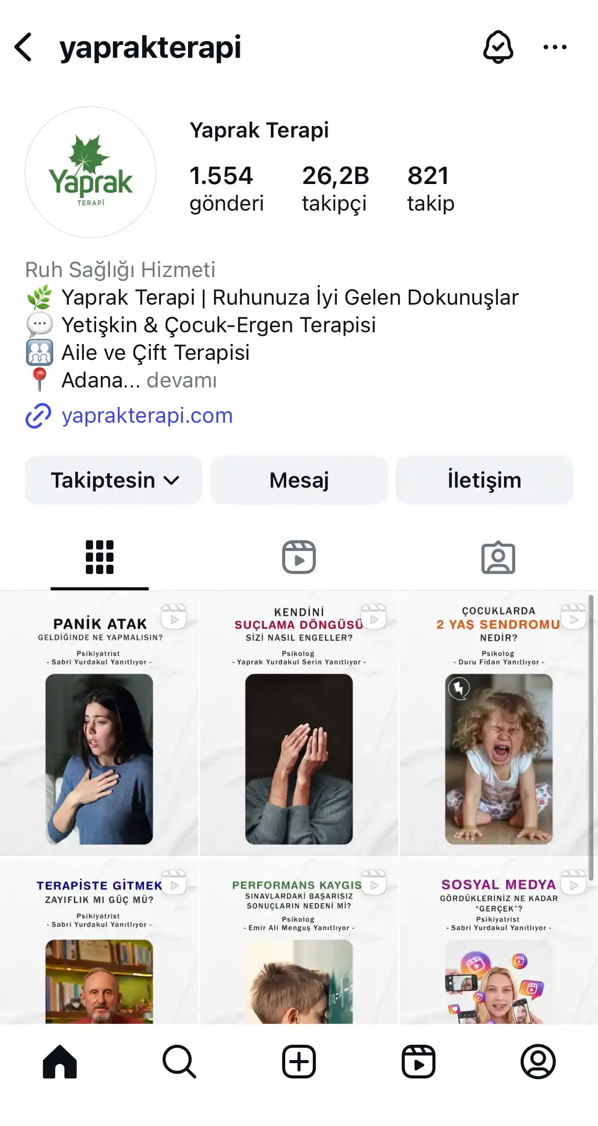 Yaprak Terapi için yönetilen Instagram sayfası – sosyal medya çalışmaları referansı